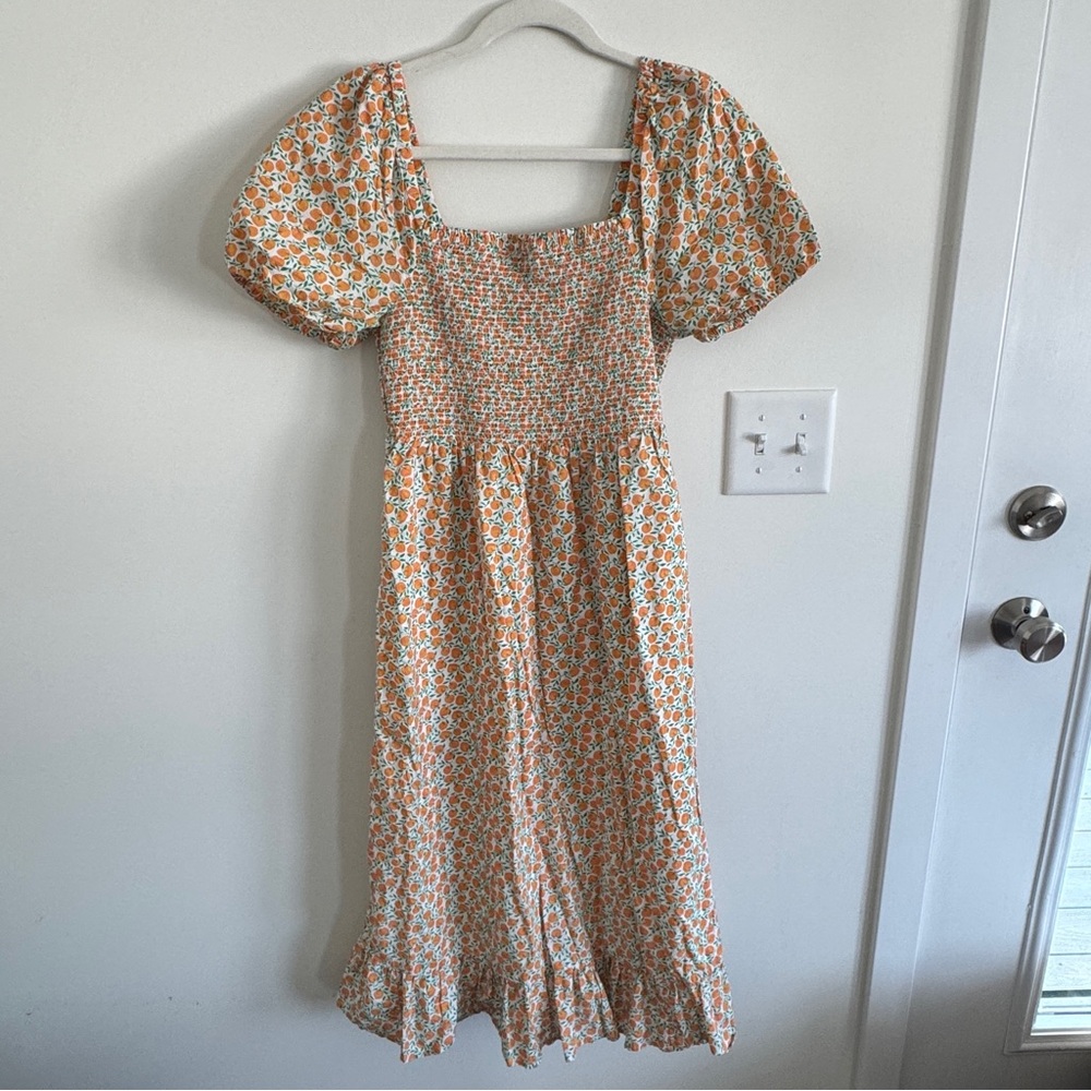 J. Crew Orange and White Smocked Midi Dress